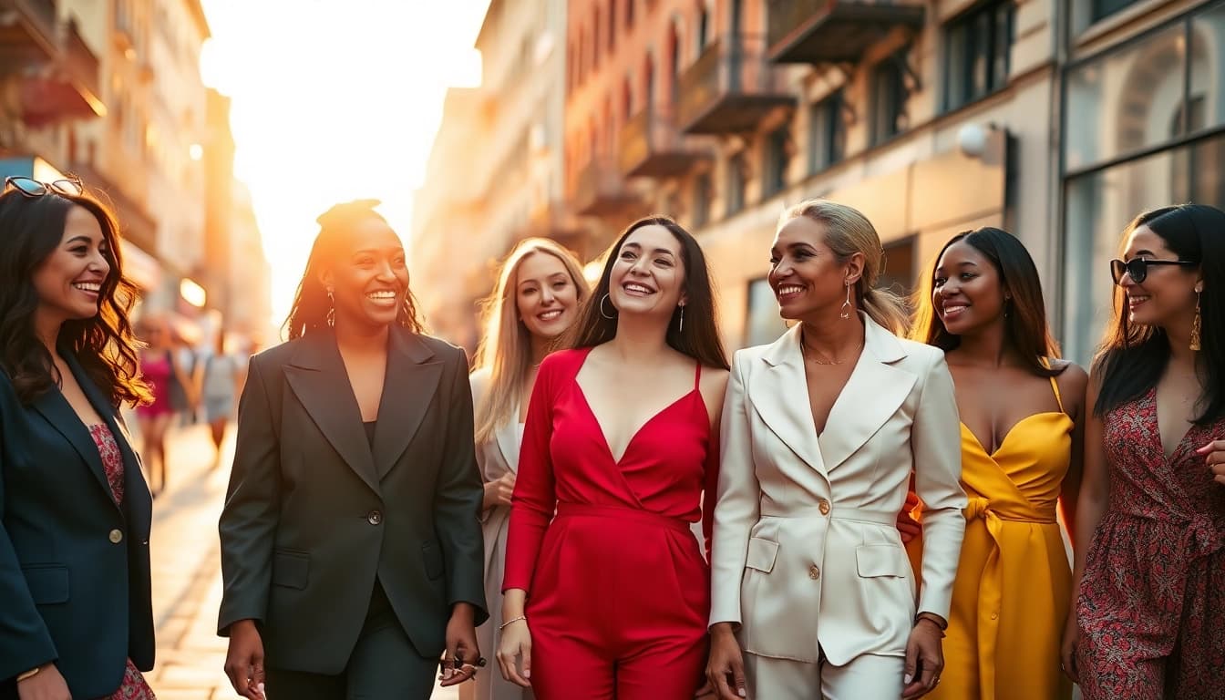 Explore vibrant Women Fashion trends with diverse styles highlighted in an urban scene.