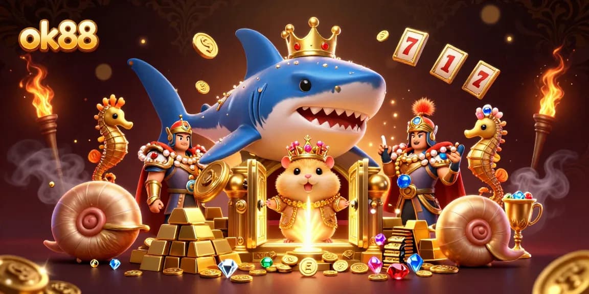 Experience the excitement of ok88 with a vibrant 3D casino scene featuring gold treasures and royal characters.