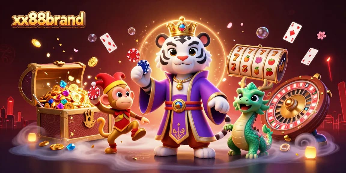 Experience thrilling gaming moments with xx88brand, featuring a whimsical tiger, monkey, and dragon in a vibrant casino scene.