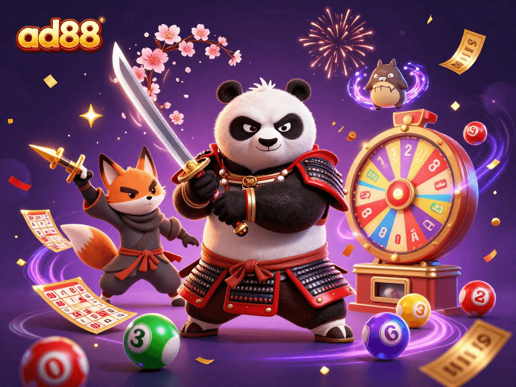 ad88 showcases a vibrant 3D scene with a samurai panda and ninja fox among colorful lottery elements.