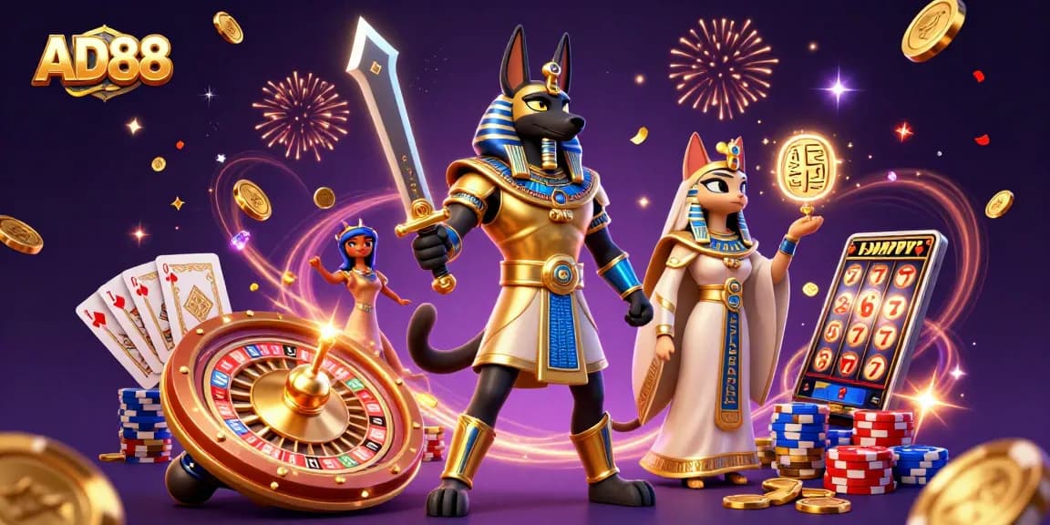 Experience AD88's thrilling atmosphere with Anubis and Bastet among vibrant casino game elements.