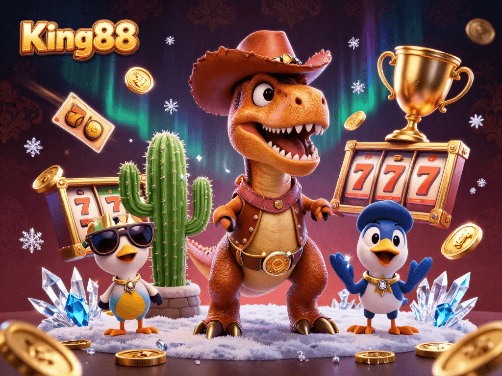 Engage with King88's vibrant casino adventure featuring T-Rex and dynamic game elements.