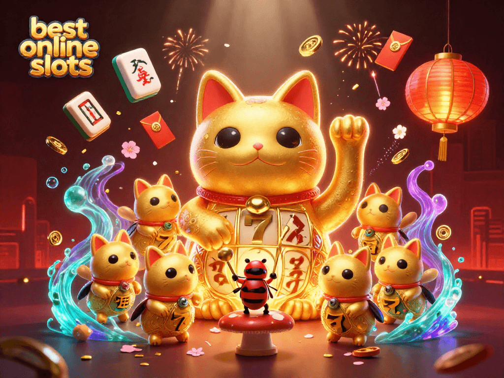 Experience the best online slots with vibrant 3D illustrations of lucky symbols and characters.