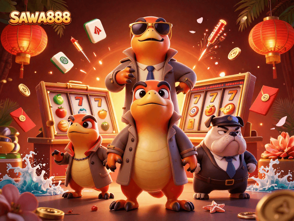 Experience thrilling slot action at SAWA888 with raptors hilariously disguised, surrounded by vibrant casino theme elements.