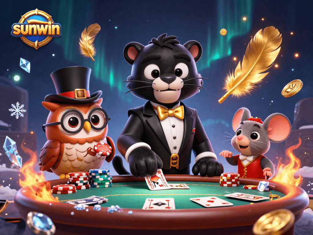Sunwin scene showcasing a stylish panther dealing cards at a poker table alongside an owl and lucky mouse.