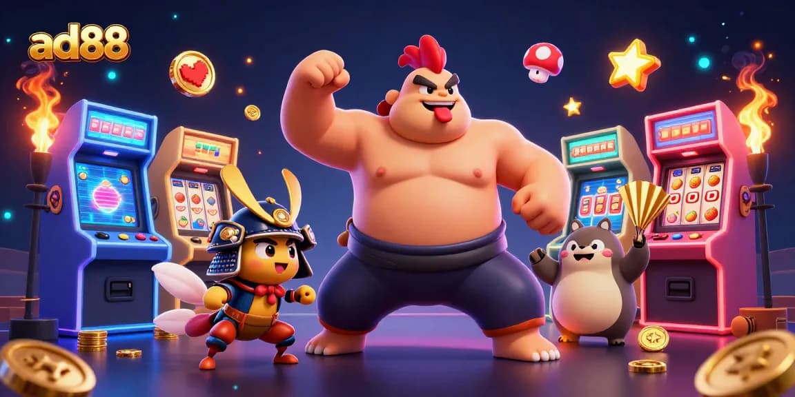 Experience the excitement of ad88 with an epic sumo rooster and samurai cricket in a vibrant casino setting.