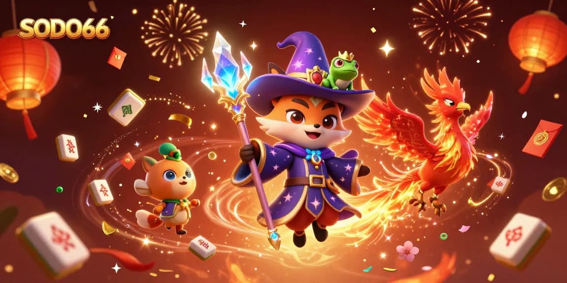 Experience the excitement of SODO66 casino with a mystical theme featuring a wizard fox, phoenix, and vibrant game elements.