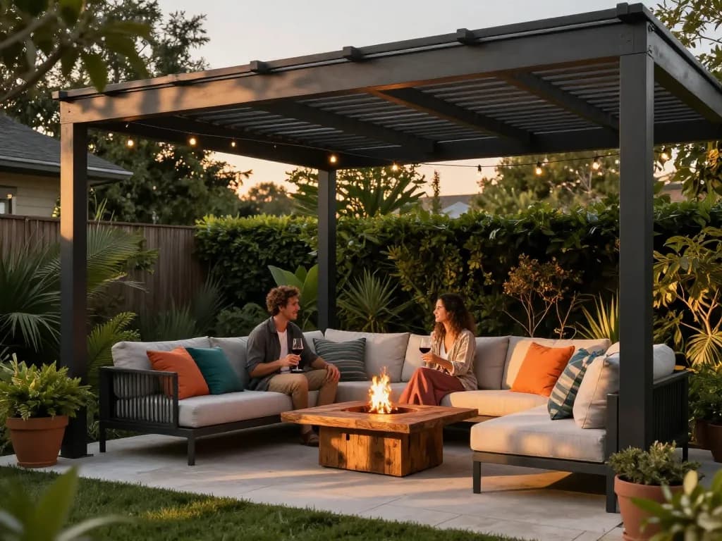 Couple enjoying their evening under a stylish pergola configurator with adjustable louvered roofs, enhancing outdoor living.