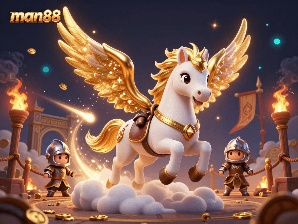 Experience thrilling gameplay at man88 with a celestial horse and knight in a dynamic casino scene.