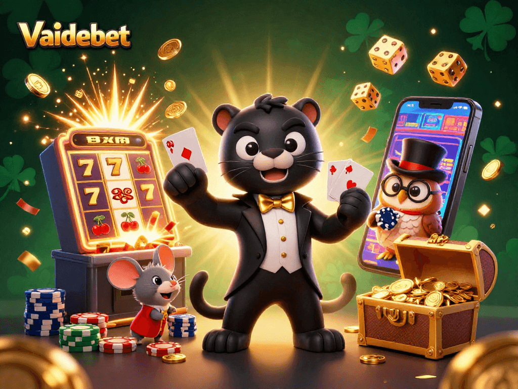 Experience Vaidebet with thrilling casino action depicted by colorful characters and vibrant game elements.