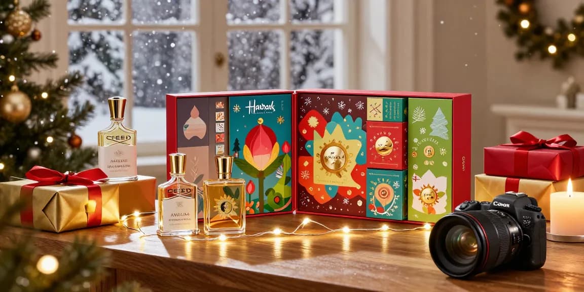 Advent calendar Harrods displayed in a festive setting with luxury fragrance bottles and holiday decorations.