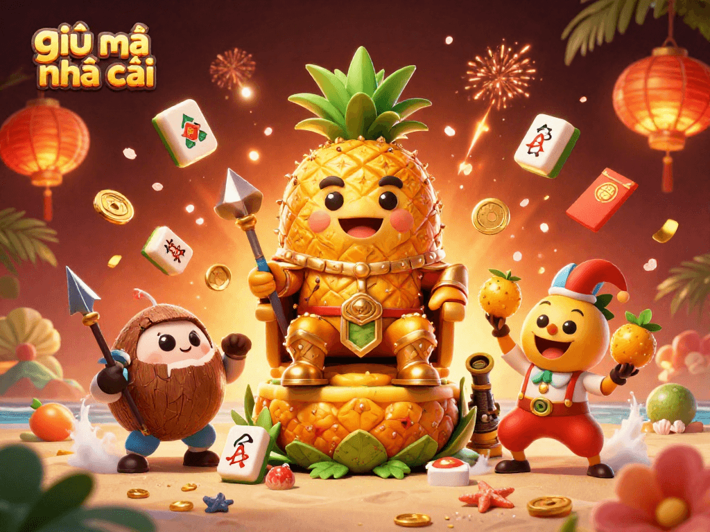 Engage in giải mã nhà cái at a bustling casino scene with a pineapple king and vibrant decorations.