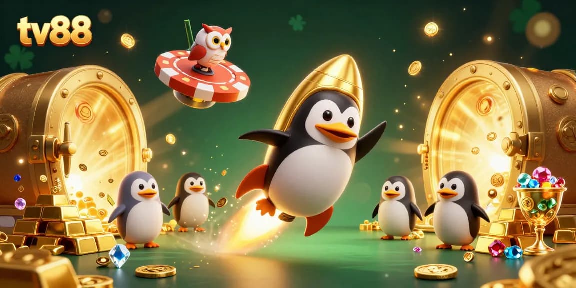 Experience big wins at tv88 with a golden penguin soaring through a cosmic casino adventure.