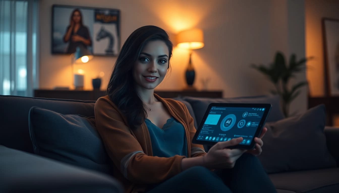 Engaging NSFW AI image generator scene featuring a virtual companion on a tablet.