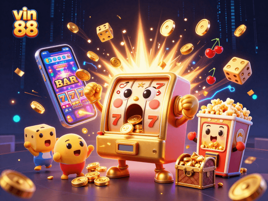 Win big with vin 88! Exciting jackpot scene with slot machines and festive casino elements.