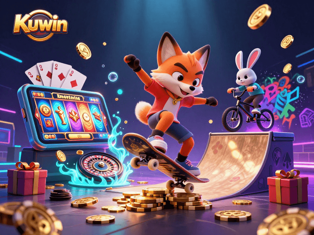 Kuwin invites players to dive into thrilling action with a lively casino scene featuring a skateboarding fox.