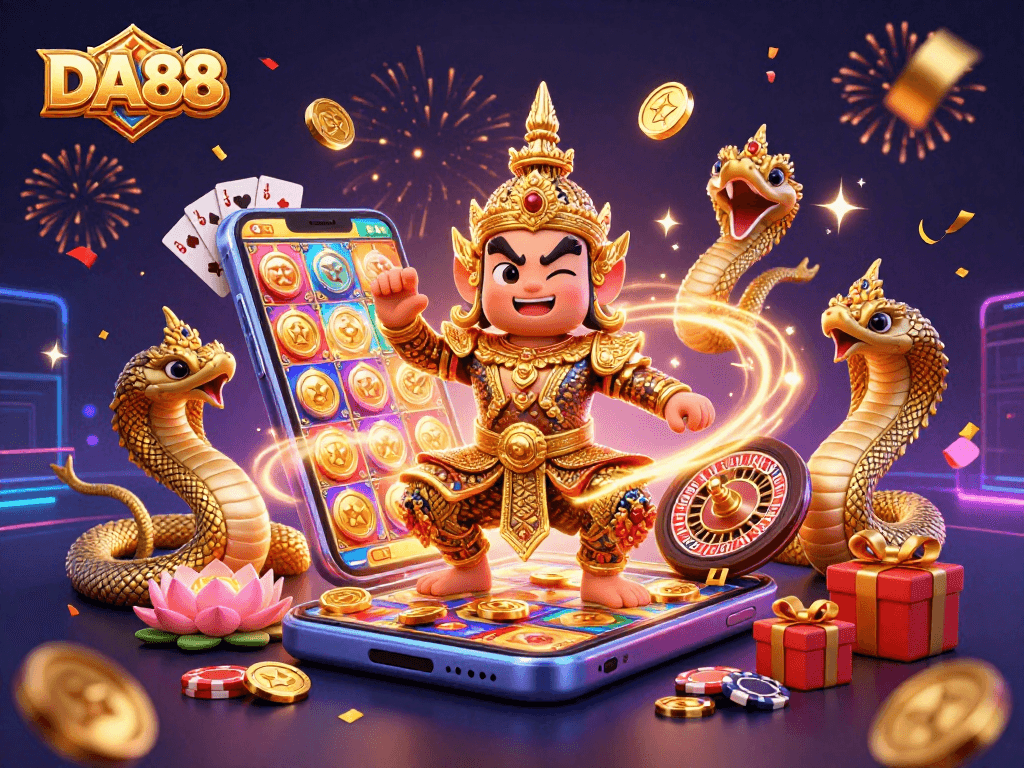 Experience the excitement at DA88 with vibrant casino elements and joyful guardians.