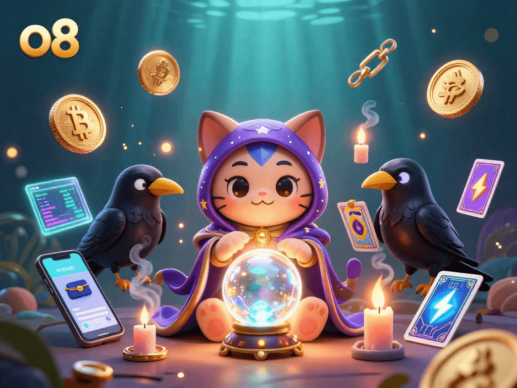Win big at o8 with the mystical cat and raven amidst glowing cryptocurrency elements.