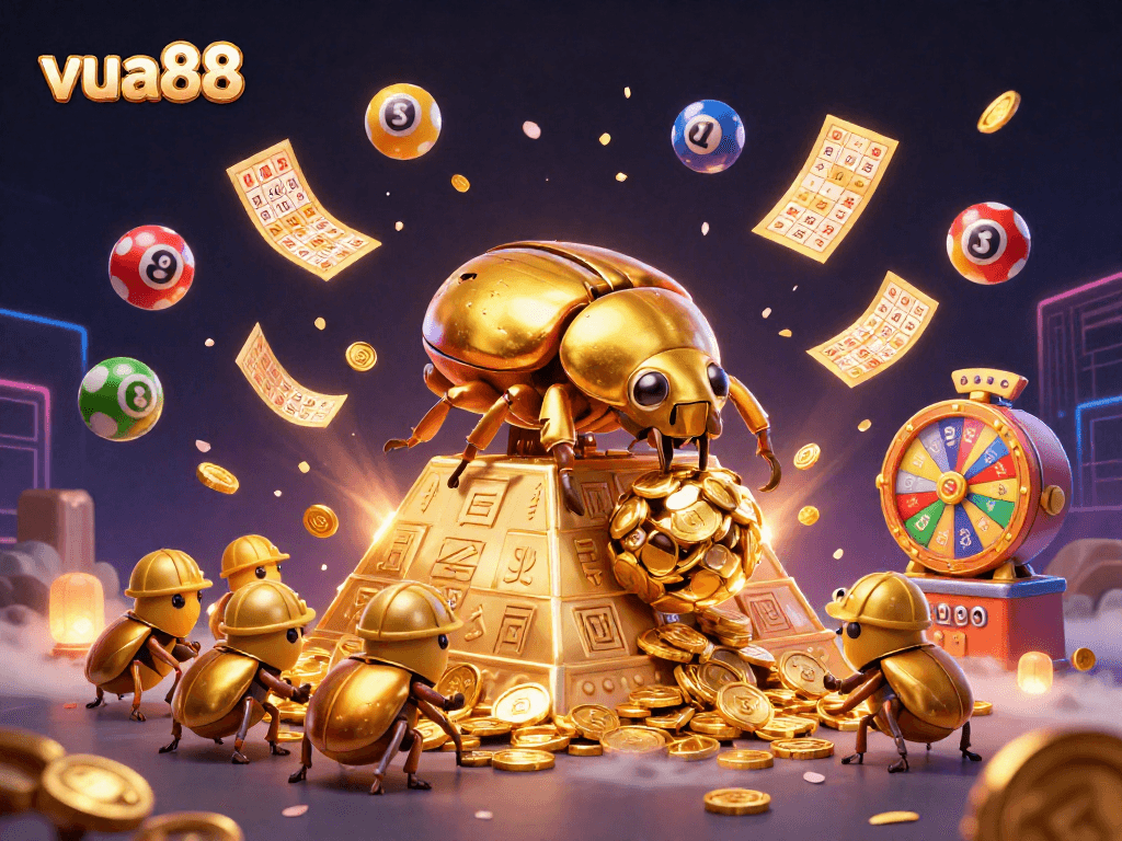 Catch the excitement at vua88 as the golden beetles roll in riches and colorful lottery balls bounce around!