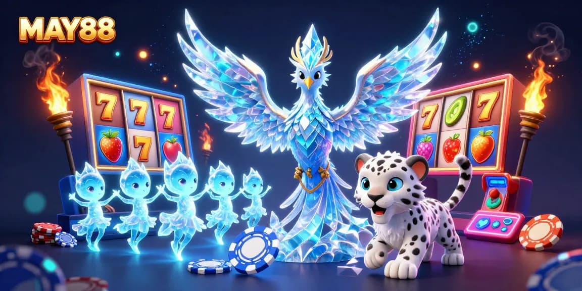 MAY88 reveals exciting slot adventures with a phoenix and playful snow leopard amidst vibrant casino elements