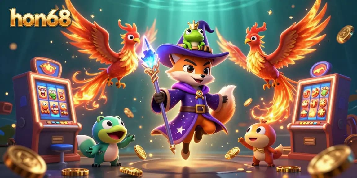 Engage with hon68's colorful gaming scene featuring magical creatures and thrilling slot machines.