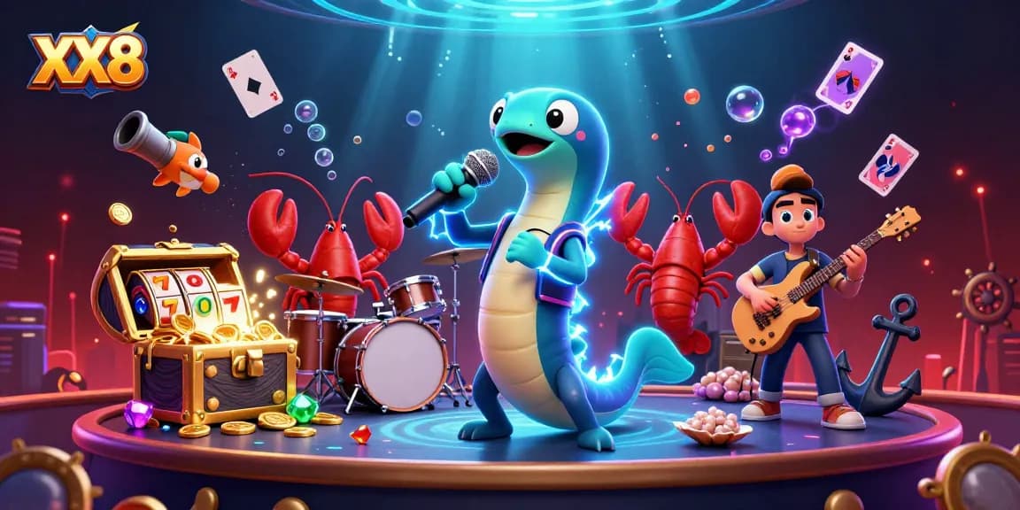 Experience the excitement at XX8 with an underwater casino scene filled with vibrant characters and gaming elements.