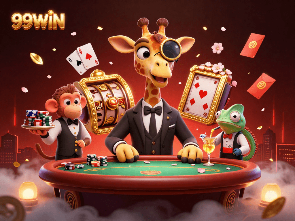Join the excitement at 99WIN with a vibrant scene featuring a high-roller giraffe and dynamic casino elements.