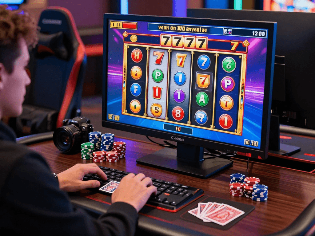 Engaged player enjoying slot777 online gaming on a vibrant desktop setup with poker chips and cards.