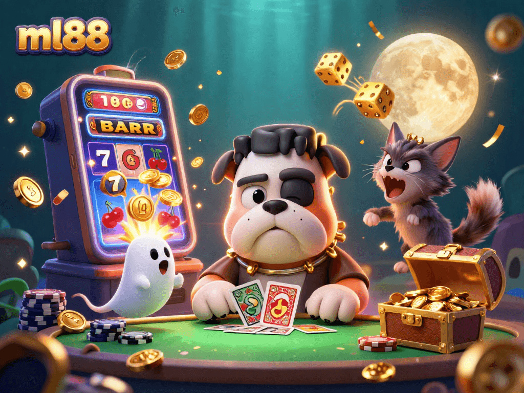 Experience the excitement of ml88 casino with a 3D cartoon scene filled with fantasy characters and vibrant game elements.