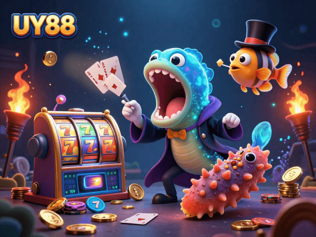 Perform card tricks with UY88's animated characters in a vibrant casino illustration.