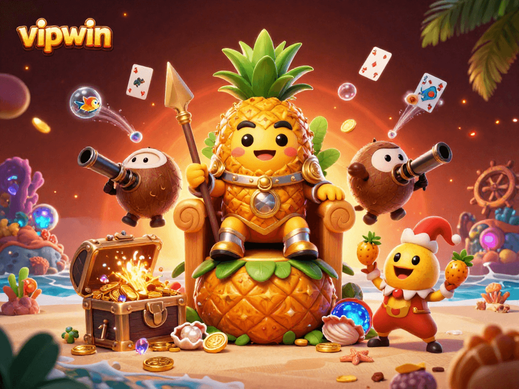 Experience the excitement at vipwin with a vibrant 3D illustration of a casino scene featuring playful characters and gaming treasures.