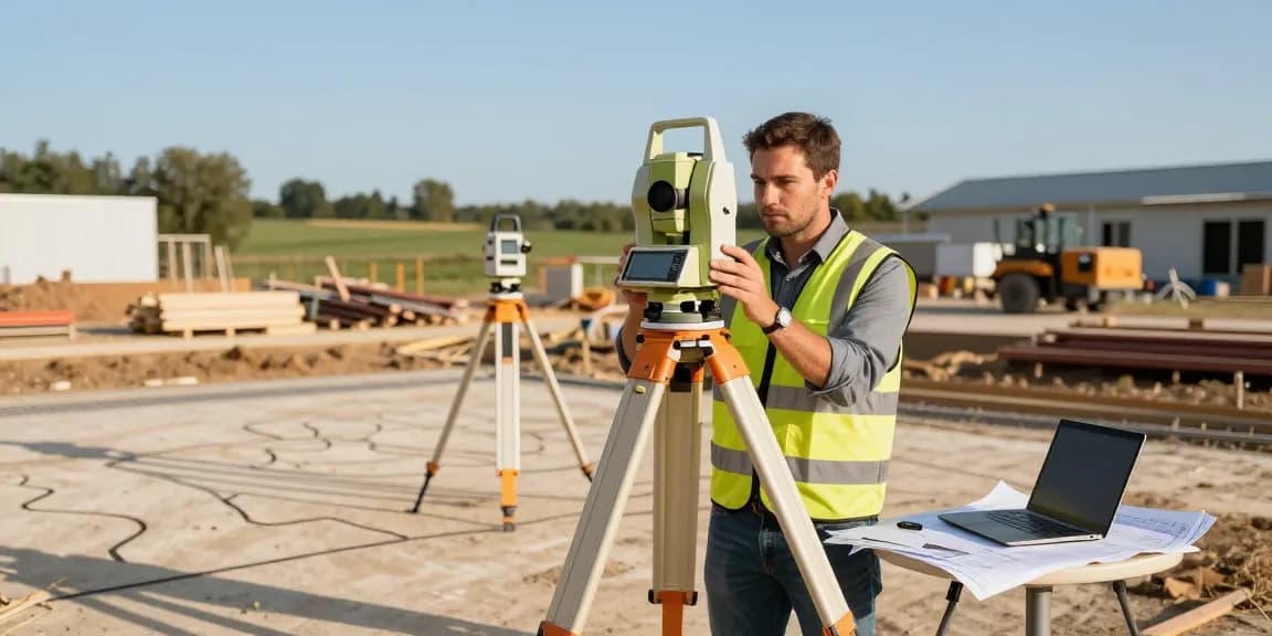 Topographical surveys London: Surveyor using advanced equipment on a construction site.