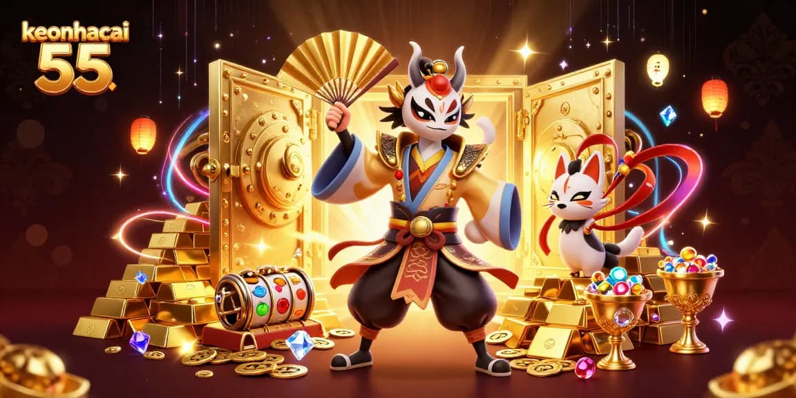 Spin the reels with keonhacai 55 in a vibrant, casino-themed 3D scene filled with treasures.