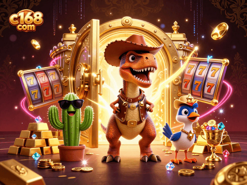 Engage in thrilling gameplay at c168 com with vibrant illustrations featuring a cowboy dinosaur, treasure, and slot elements.