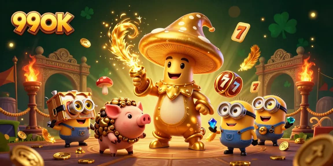 Spin winning reels in a vibrant 99OK casino scene filled with golden magic and treasures.