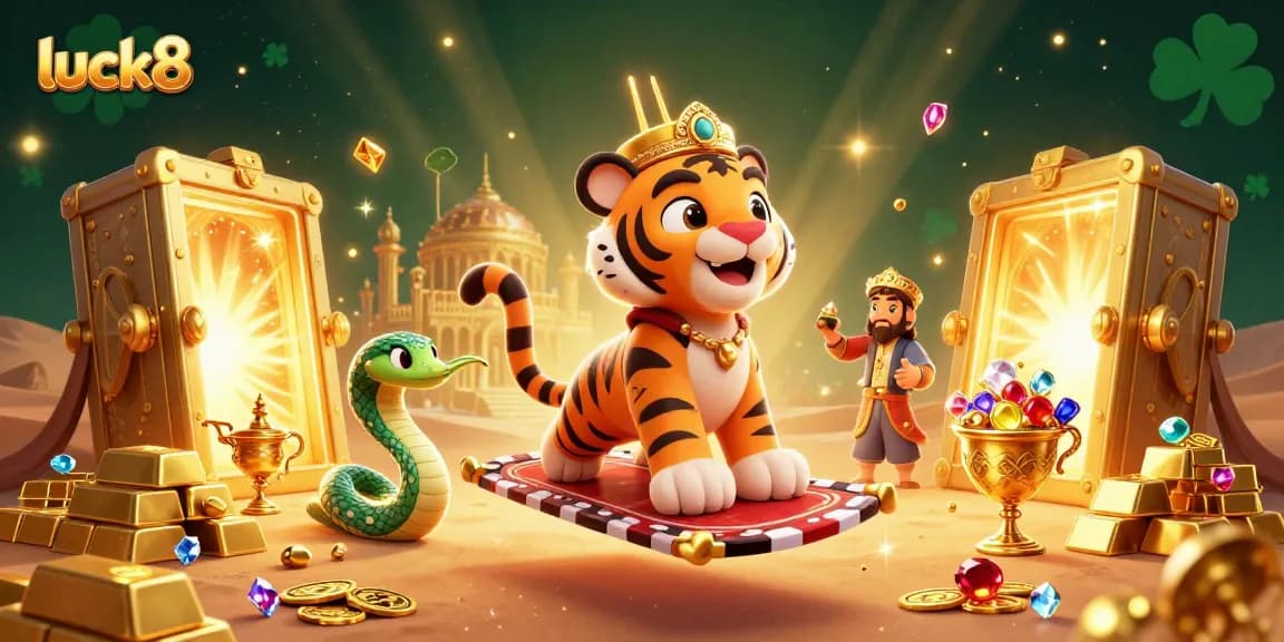 Play exciting games at luck8 with a charming tiger sultan, treasures, and vibrant casino elements.