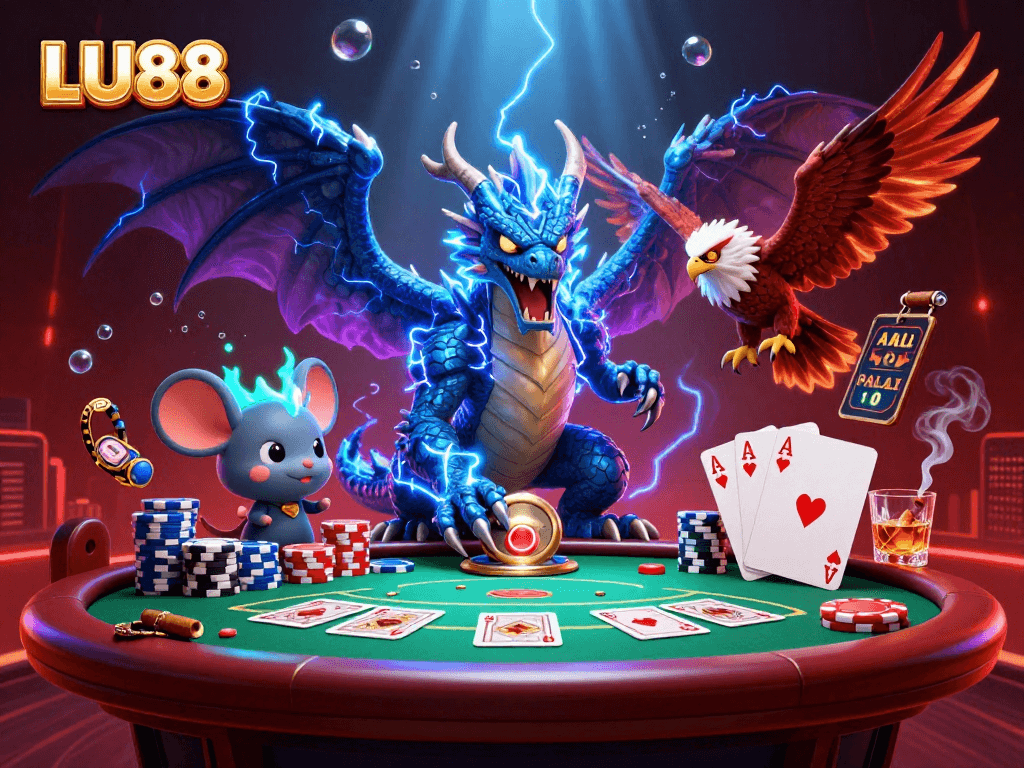 Experience the thrill of LU88 with a vibrant 3D fantasy scene showcasing card games and a thunder dragon.