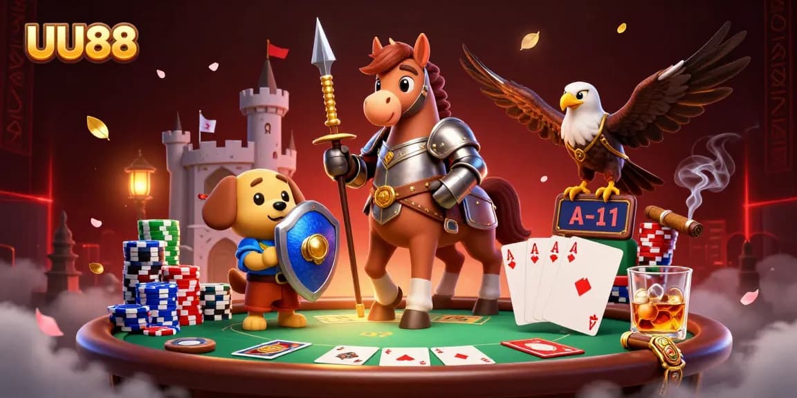 Engage with UU88's vibrant gambling scene, featuring a knight, a puppy, and exciting poker elements.