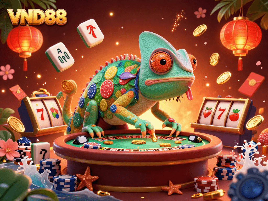 Engage in the vibrant world of VND88 casino with an animated chameleon capturing golden coins amidst festive game elements.