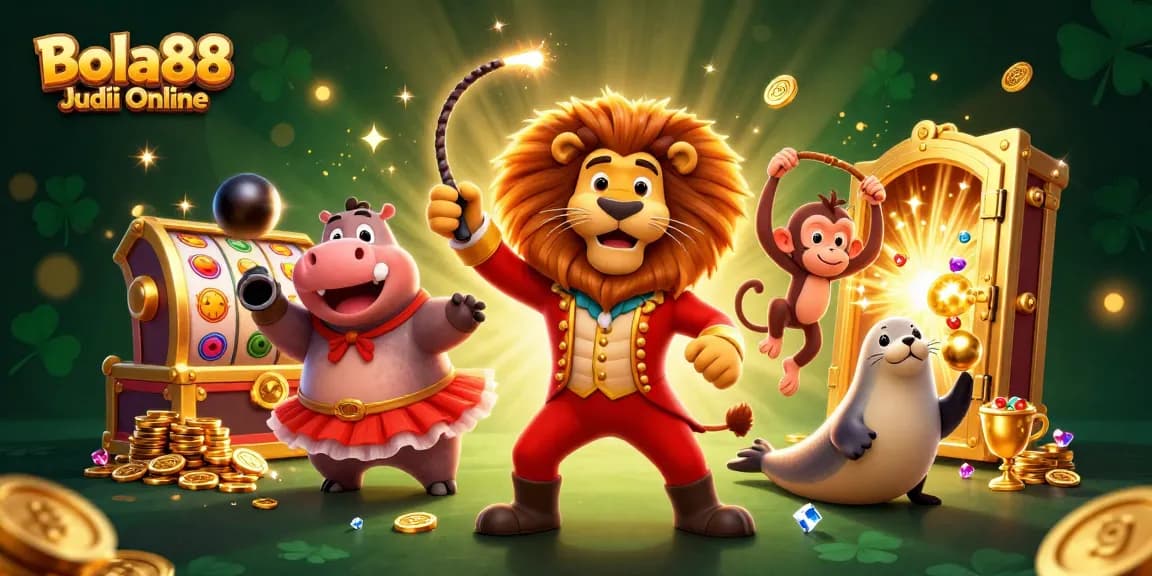 Bola88 Judi Online showcases an exciting gaming scene with vibrant characters and gold treasures, highlighting thrilling casino action.