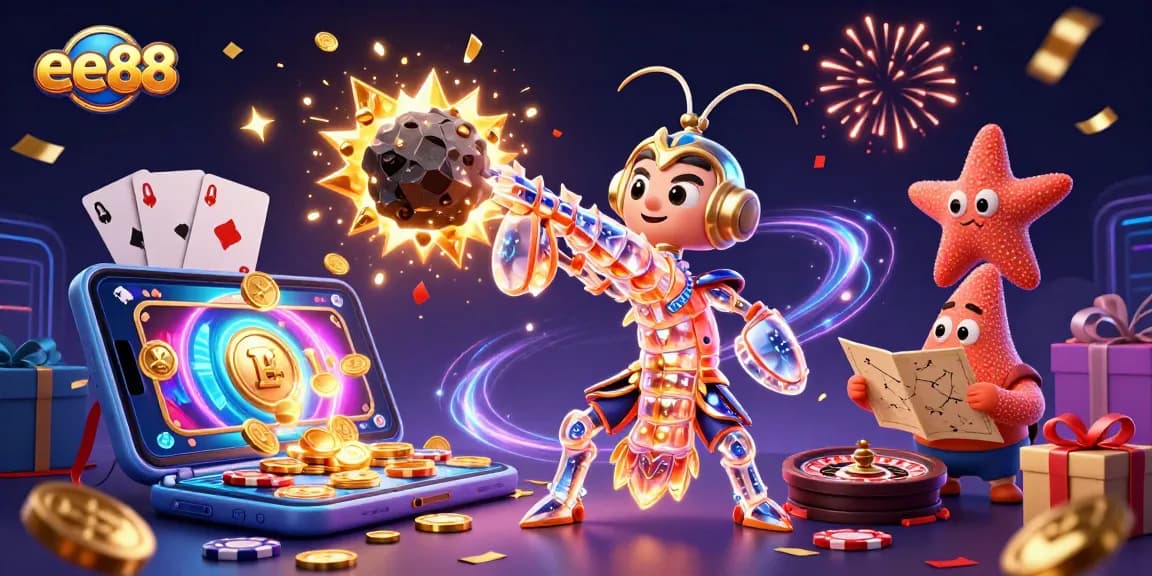 ee88 showcases a galactic mantis shrimp amidst slots and casino elements, celebrating wins.