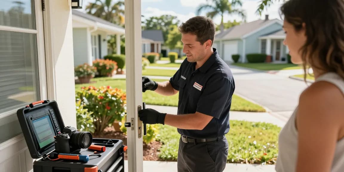 Mobile locksmith Fort Lauderdale assisting a homeowner with lock repairs in a sunny neighborhood.