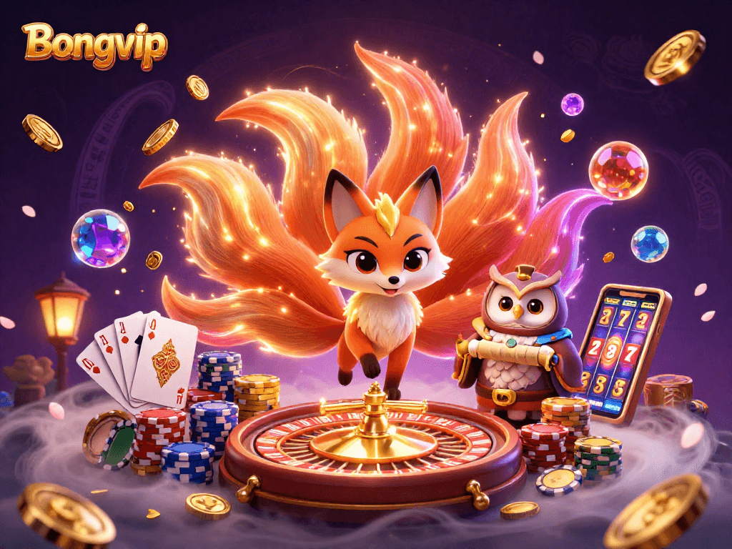 Bongvip captures the vibrant essence of casino gaming with glowing characters and sparkling casino elements, inviting players into an immersive experience.