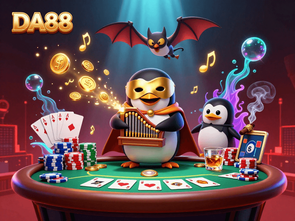 Experience excitement at DA88 with a cartoon penguin playing an organ shooting coins amid poker action.
