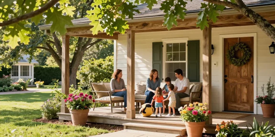 Family enjoying quality time on a sunny oak porch with garden view.