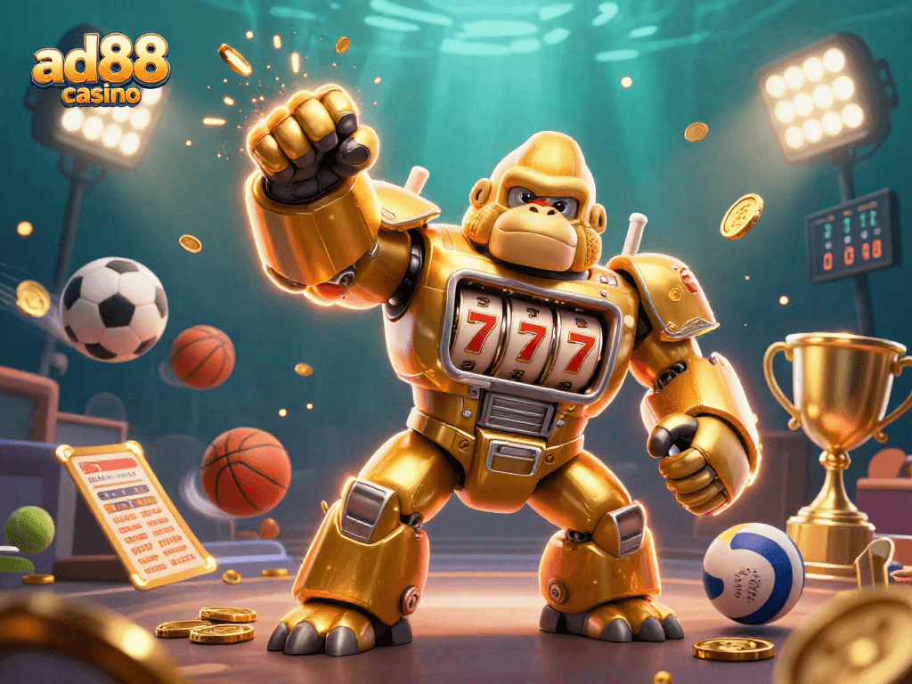 Join the fun at ad88 casino with a vivid scene of a golden gorilla mech amidst an explosion of sports elements.