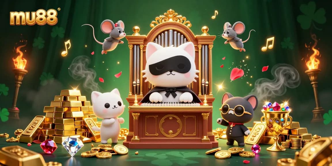 Win big with mu88 in a lively casino-themed digital art featuring a mystical cat and treasures.