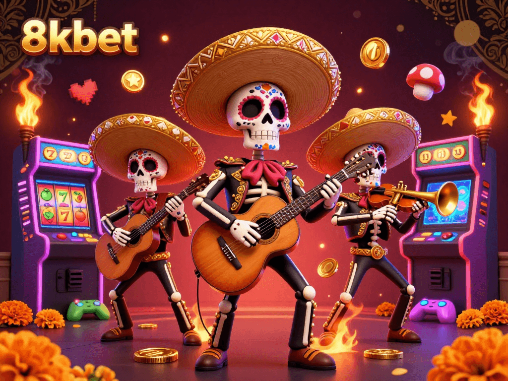 Engage with the unique 8kbet gaming experience featuring dynamic slot reels and mariachi characters.