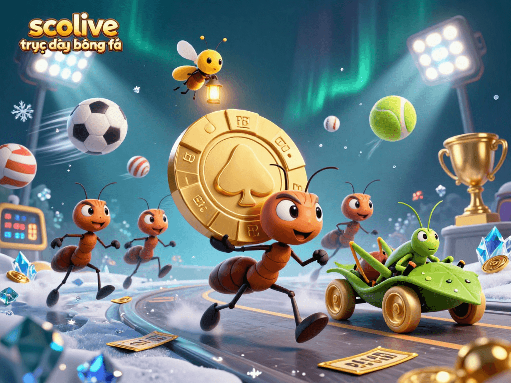 socolive trực tiếp bóng đá depicting a lively heist scene with animated ants, sports balls, and a vibrant casino atmosphere.