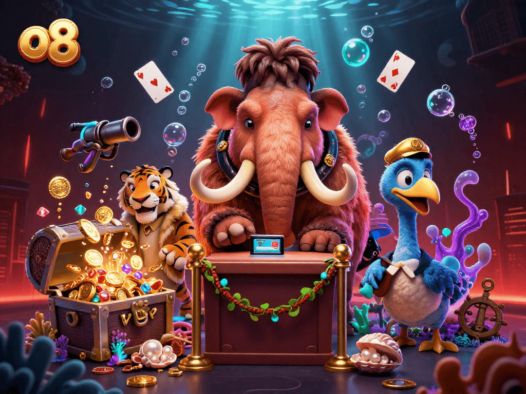 Experience the thrill of gaming with o8's vibrant casino scene featuring unique characters and underwater riches.